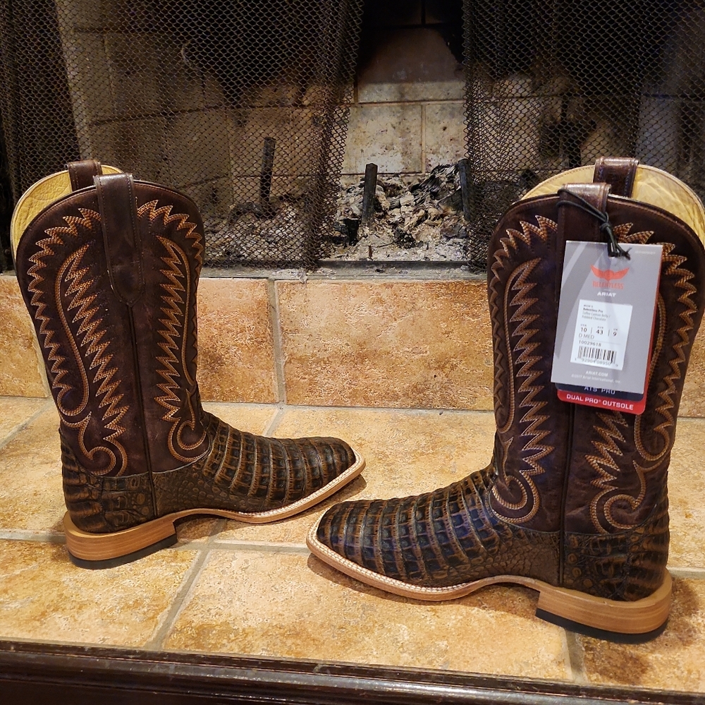 SOLD!! Men's Ariat Toffee Caiman Belly/ Pebbled Chocolate Pro Series Cowboy - Picture 4 of 12